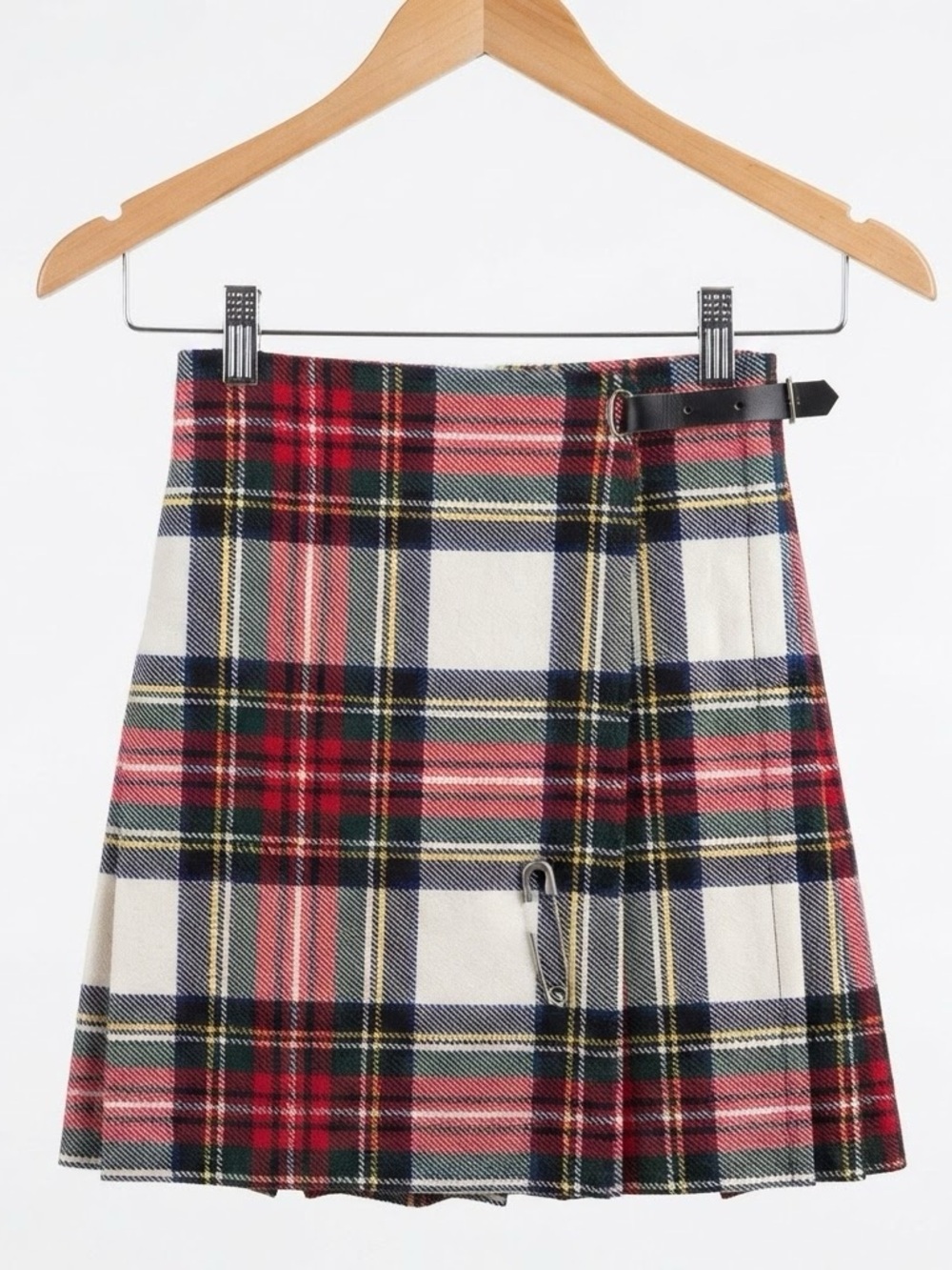 Vintage Wool Tartan Kilt Mini Skirt XXS Genuine Leather Buckle Straps